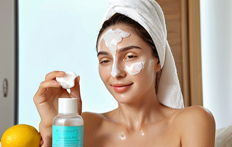 Holistic Skincare Routine**

Prompt: A bright, inviting scene showcasing a woman with radiant skin performing a multi-step skincare routine at home. Focus on gentle cleansing with foam, applying serum and moisturizer, and wearing sunscreen. Include elements representing healthy lifestyle choices like a glass of water with lemon, fresh fruits, and a silk eye mask for sleep. Soft, natural lighting.

**