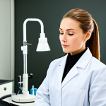 A focused adult skin care professional, dressed in a clean, modest lab coat, diligently practicing precise facial techniques on a realistic mannequin head. The setting is a brightly lit, sterile training room, with skin care products and professional tools neatly organized on a white counter. The atmosphere is calm and determined. Professional photography, high-resolution, studio lighting, sharp focus, fully clothed, appropriate attire, safe for work, appropriate content, perfect anatomy, correct proportions, natural pose, well-formed hands, proper finger count, natural body proportions, professional dress, family-friendly.