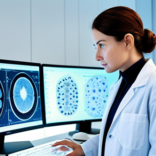 A professional female skincare specialist, impeccably dressed in a modest, clean lab coat, stands thoughtfully in a high-tech dermatology research lab. She is observing complex microscopic images of skin structures and cellular activity displayed on a large, glowing screen, surrounded by advanced scientific equipment. The scene conveys deep scientific knowledge and a meticulous approach to skin science. The environment is sterile and brightly lit. fully clothed, appropriate attire, modest clothing, safe for work, appropriate content, professional, perfect anatomy, correct proportions, natural pose, well-formed hands, proper finger count, natural body proportions, professional photography, cinematic lighting, high-resolution.