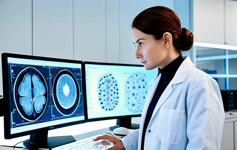A professional female skincare specialist, impeccably dressed in a modest, clean lab coat, stands thoughtfully in a high-tech dermatology research lab. She is observing complex microscopic images of skin structures and cellular activity displayed on a large, glowing screen, surrounded by advanced scientific equipment. The scene conveys deep scientific knowledge and a meticulous approach to skin science. The environment is sterile and brightly lit. fully clothed, appropriate attire, modest clothing, safe for work, appropriate content, professional, perfect anatomy, correct proportions, natural pose, well-formed hands, proper finger count, natural body proportions, professional photography, cinematic lighting, high-resolution.