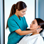 A professional female aesthetician, fully clothed in a modest, contemporary uniform, gently assesses a female client's skin with a soft touch. Both are focused on a digital skin analysis screen displaying detailed information, fostering an atmosphere of trust and personalized care. The setting is a bright, modern aesthetic salon consultation room with clean lines and soft, inviting lighting. high-resolution, professional photography, perfect anatomy, correct proportions, natural pose, well-formed hands, proper finger count, natural body proportions, safe for work, appropriate content, fully clothed, professional, modest, family-friendly.
