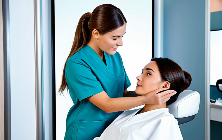 A professional female aesthetician, fully clothed in a modest, contemporary uniform, gently assesses a female client's skin with a soft touch. Both are focused on a digital skin analysis screen displaying detailed information, fostering an atmosphere of trust and personalized care. The setting is a bright, modern aesthetic salon consultation room with clean lines and soft, inviting lighting. high-resolution, professional photography, perfect anatomy, correct proportions, natural pose, well-formed hands, proper finger count, natural body proportions, safe for work, appropriate content, fully clothed, professional, modest, family-friendly.