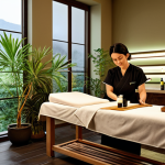 **Aromatic Spa Scene:** "A serene aromatherapy spa with a fully clothed female esthetician blending essential oils, soft lighting, plants, and a relaxed atmosphere. Safe for work, appropriate content, professional."
