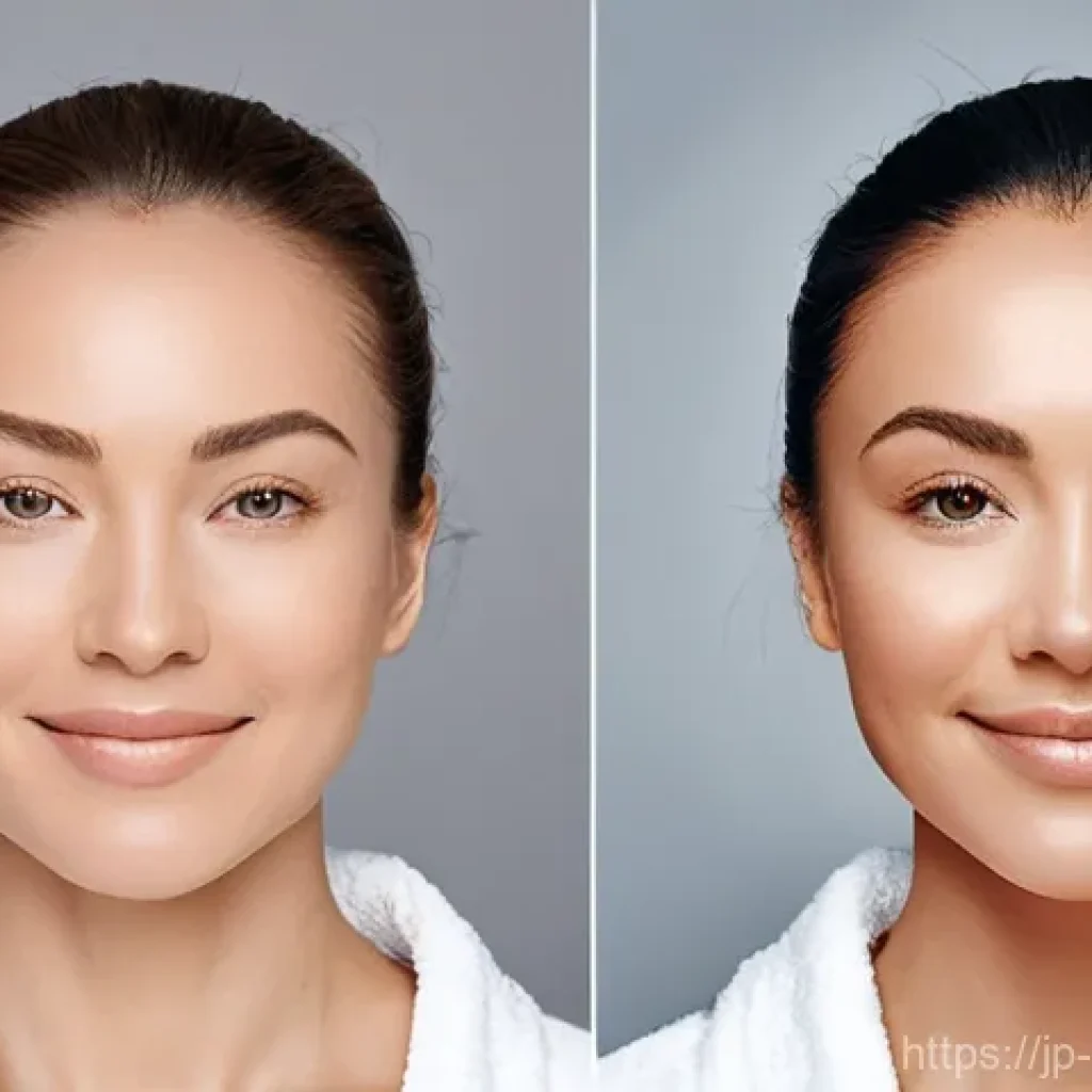 피부관리사의 소셜미디어 활용 전략 - **Prompt:** A split image showing a 'before' and 'after' comparison of a woman's face. The 'before' ...