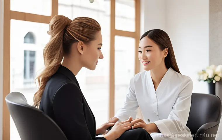 피부관리사의 소셜미디어 활용 전략 - **Prompt:** Three female aestheticians of varying ages (mid-20s, mid-30s, early 40s), dressed in sty...