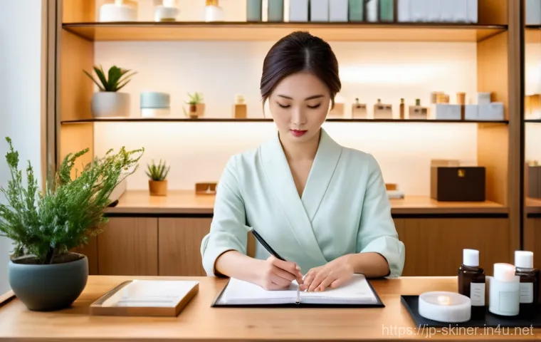 피부관리사의 비즈니스 목표 설정 방법 - **Prompt:** A close-up shot focusing on the skilled hands of a Japanese esthetician performing a gen...