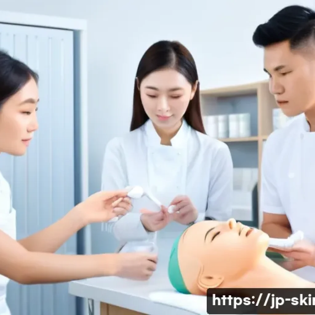 피부관리사 학원과 온라인 강의 비교 - A modern Japanese classroom scene with a diverse group of young adult students attentively learning ...