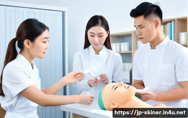 피부관리사 학원과 온라인 강의 비교 - A modern Japanese classroom scene with a diverse group of young adult students attentively learning ...