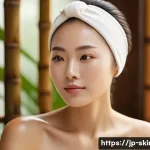 피부관리 고객별 만족도 조사 사례 - A serene spa scene featuring a Japanese woman with sensitive skin receiving a gentle facial treatmen...