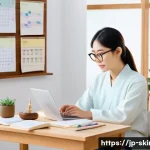 피부관리사의 시험 준비 전략 사례 - A modern Japanese study room scene showing a young adult woman sitting at a clean wooden desk with o...