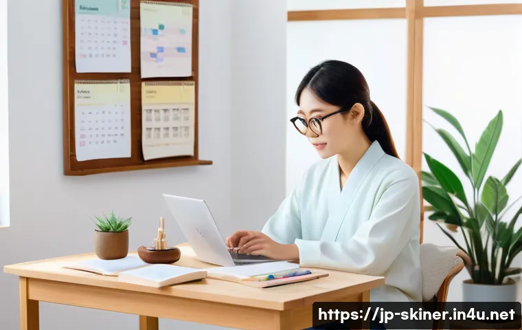 피부관리사의 시험 준비 전략 사례 - A modern Japanese study room scene showing a young adult woman sitting at a clean wooden desk with o...