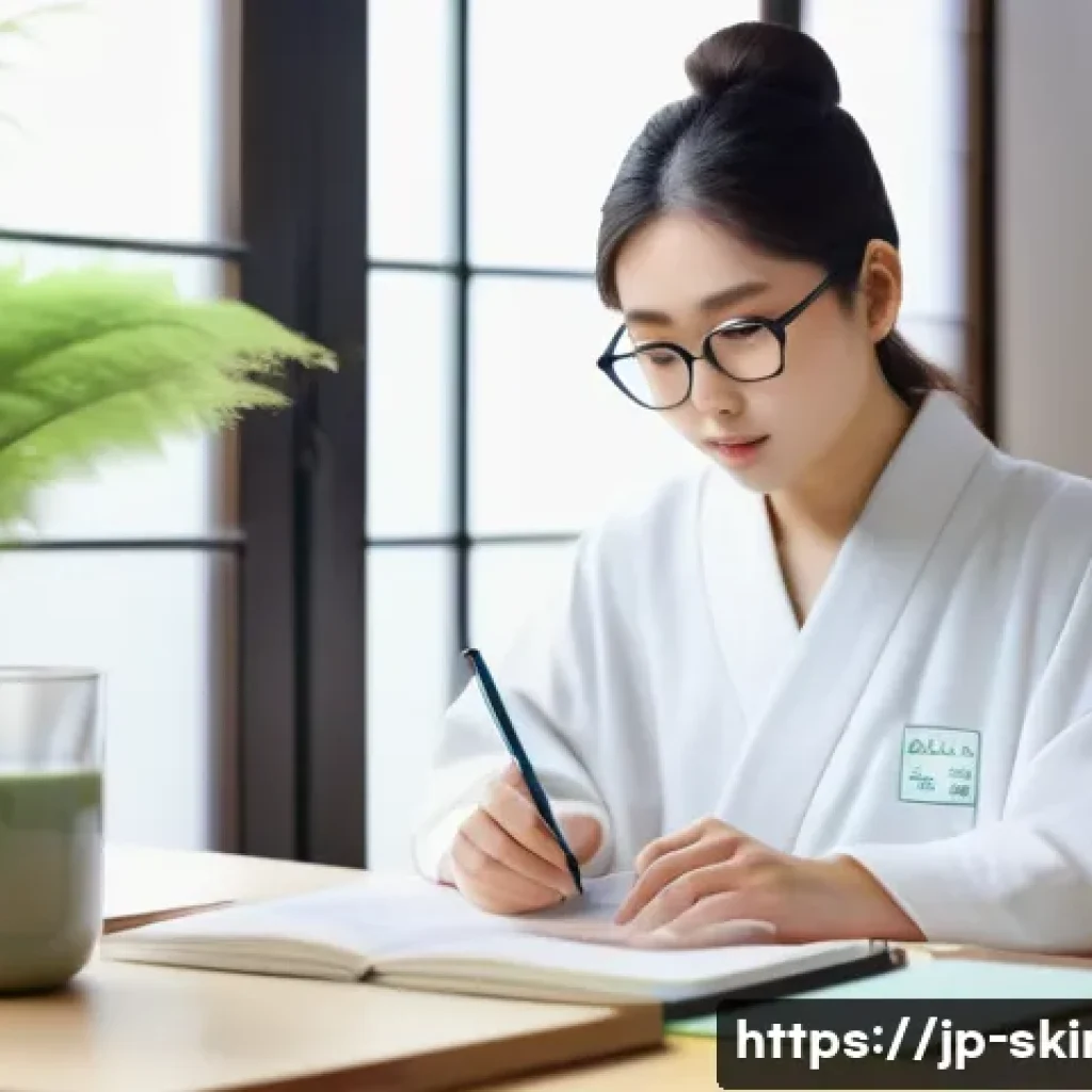 피부관리사의 자격증 과정에서 실수 피하기 - A focused young Japanese woman studying skincare certification at a tidy desk, surrounded by textboo...