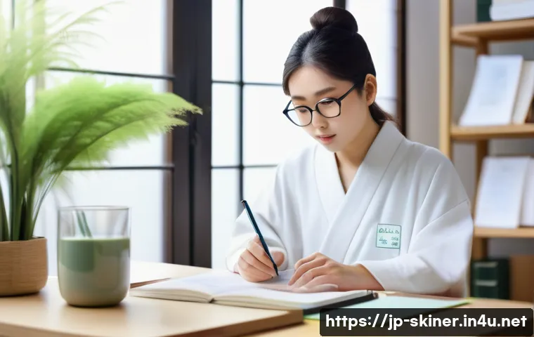 피부관리사의 자격증 과정에서 실수 피하기 - A focused young Japanese woman studying skincare certification at a tidy desk, surrounded by textboo...