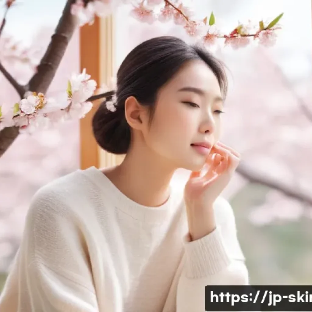 피부관리사의 실습에서 배운 사례 - A serene spring skincare scene featuring a young Japanese woman with delicate, slightly flushed skin...