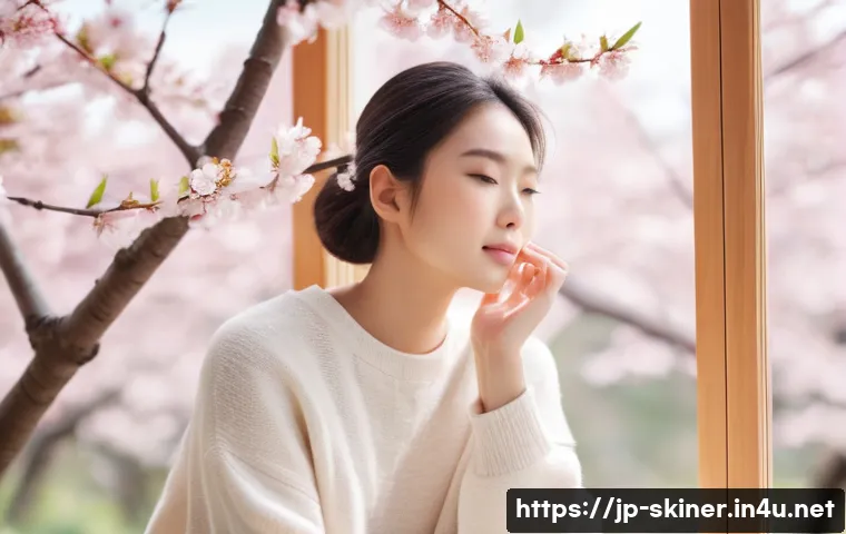 피부관리사의 실습에서 배운 사례 - A serene spring skincare scene featuring a young Japanese woman with delicate, slightly flushed skin...