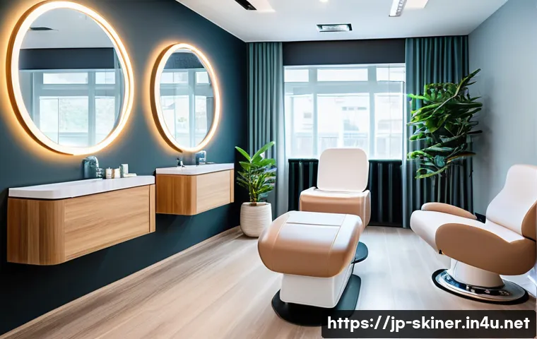 피부관리사의 직업 만족도 높이기 - A modern skincare salon interior featuring a comfortable workspace with ergonomic anti-fatigue mats ...