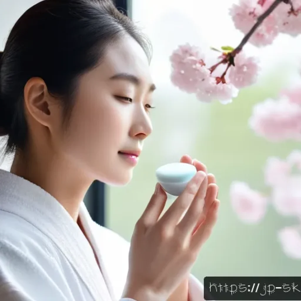 피부관리 이론 핵심 정리 - A serene spring morning skincare scene featuring a young Japanese woman with flawless, hydrated skin...