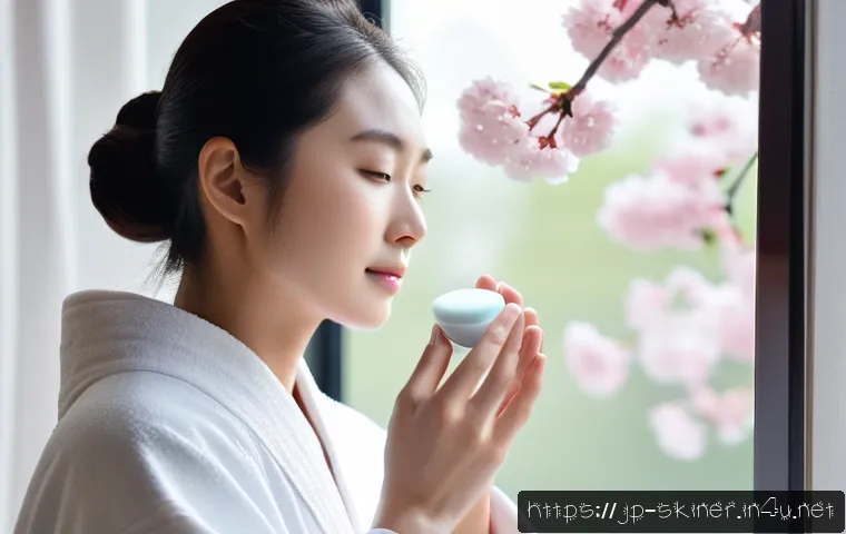 피부관리 이론 핵심 정리 - A serene spring morning skincare scene featuring a young Japanese woman with flawless, hydrated skin...