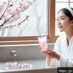 피부관리사의 최신 교육 과정 정보 - A serene and fresh spring skincare scene featuring a young Japanese woman with clear, sensitive skin...