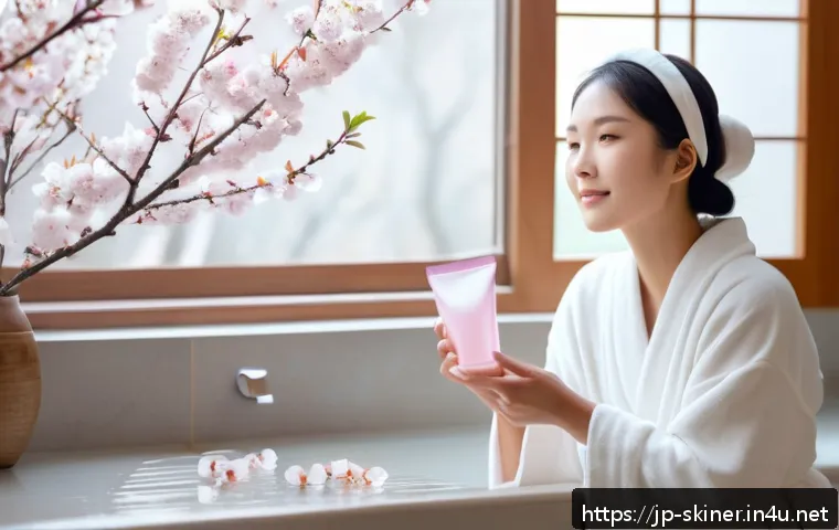 피부관리사의 최신 교육 과정 정보 - A serene and fresh spring skincare scene featuring a young Japanese woman with clear, sensitive skin...