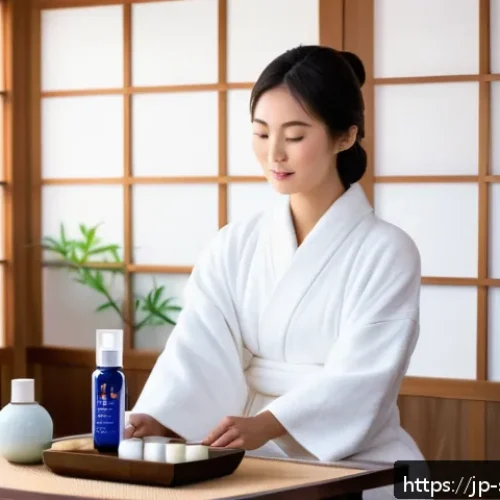 피부관리사의 고객 관리 체크리스트 - A serene Japanese skincare spa scene featuring a young Japanese woman with dry skin gently applying ...