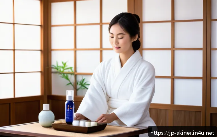 피부관리사의 고객 관리 체크리스트 - A serene Japanese skincare spa scene featuring a young Japanese woman with dry skin gently applying ...