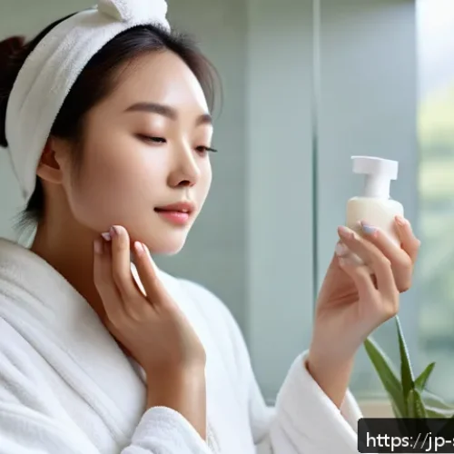 피부관리사의 최신 트렌드 활용법 - A serene skincare scene featuring a young Japanese woman with sensitive skin gently applying fragran...
