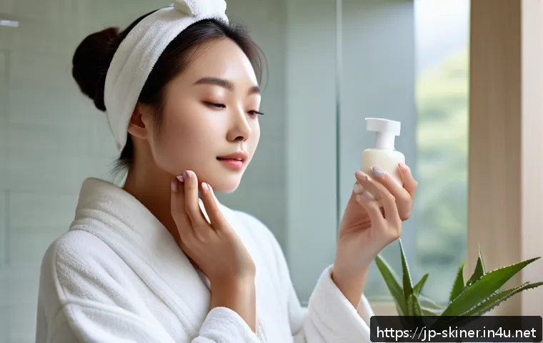 피부관리사의 최신 트렌드 활용법 - A serene skincare scene featuring a young Japanese woman with sensitive skin gently applying fragran...