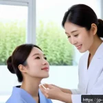 피부관리 고객 응대에서의 성공 사례 - A serene skincare consultation scene in a modern Japanese beauty salon, featuring a friendly female ...