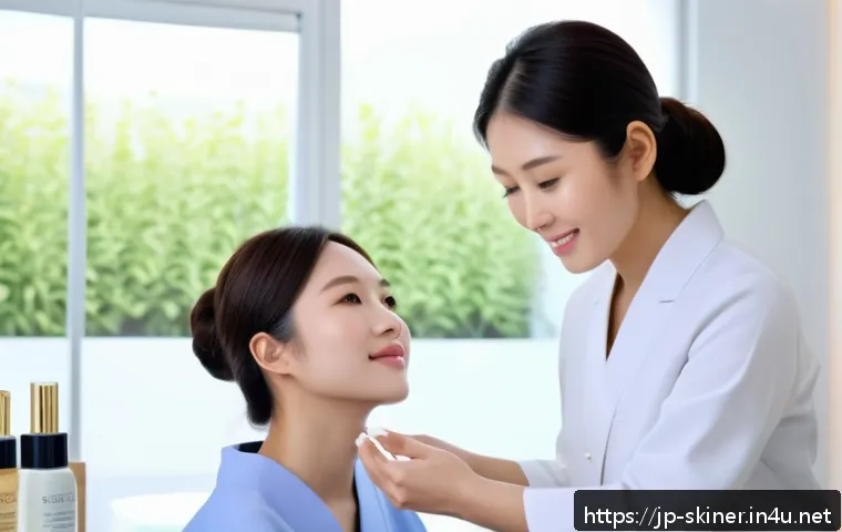 피부관리 고객 응대에서의 성공 사례 - A serene skincare consultation scene in a modern Japanese beauty salon, featuring a friendly female ...